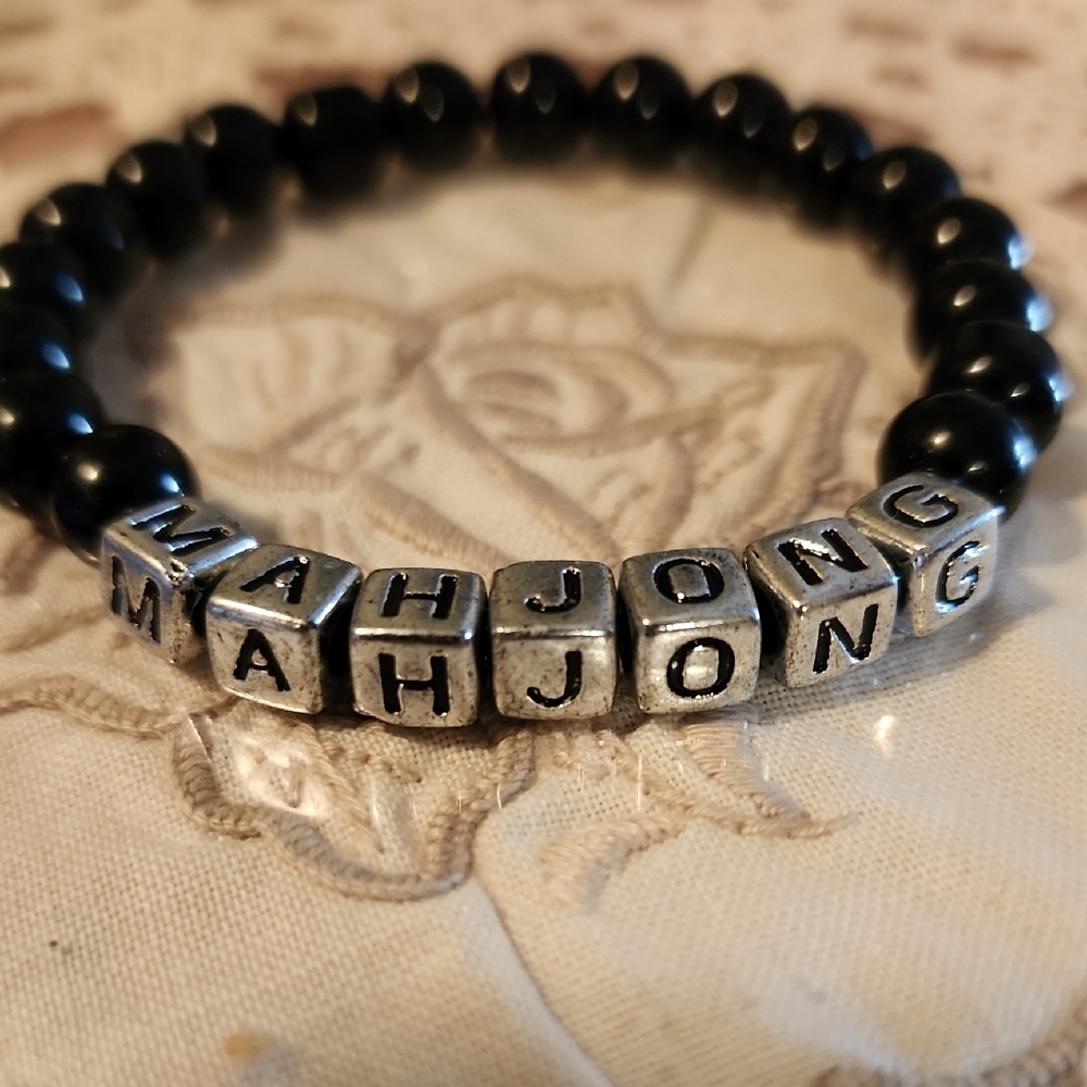 Black Beaded Bracelet with Silver Letters Cubes:MAHJONG
